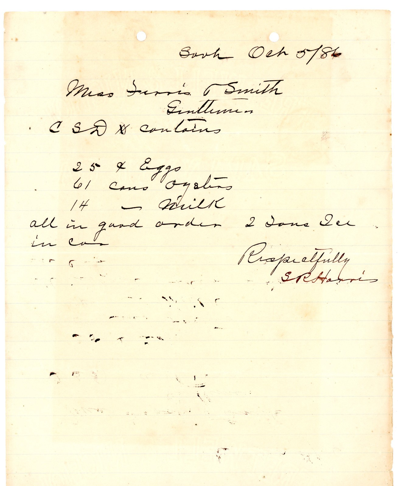 1886 Handwritten Farm Supply Receipt Eggs, Tomatoes & Milk Delivery Savanah GA