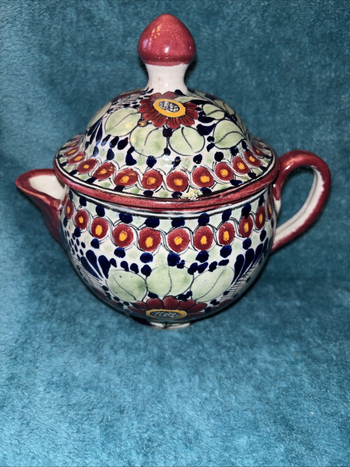 Vintage Talavera Pottery Small Pitcher & Lid  Handmade Tlaxcala, Mexico #FF