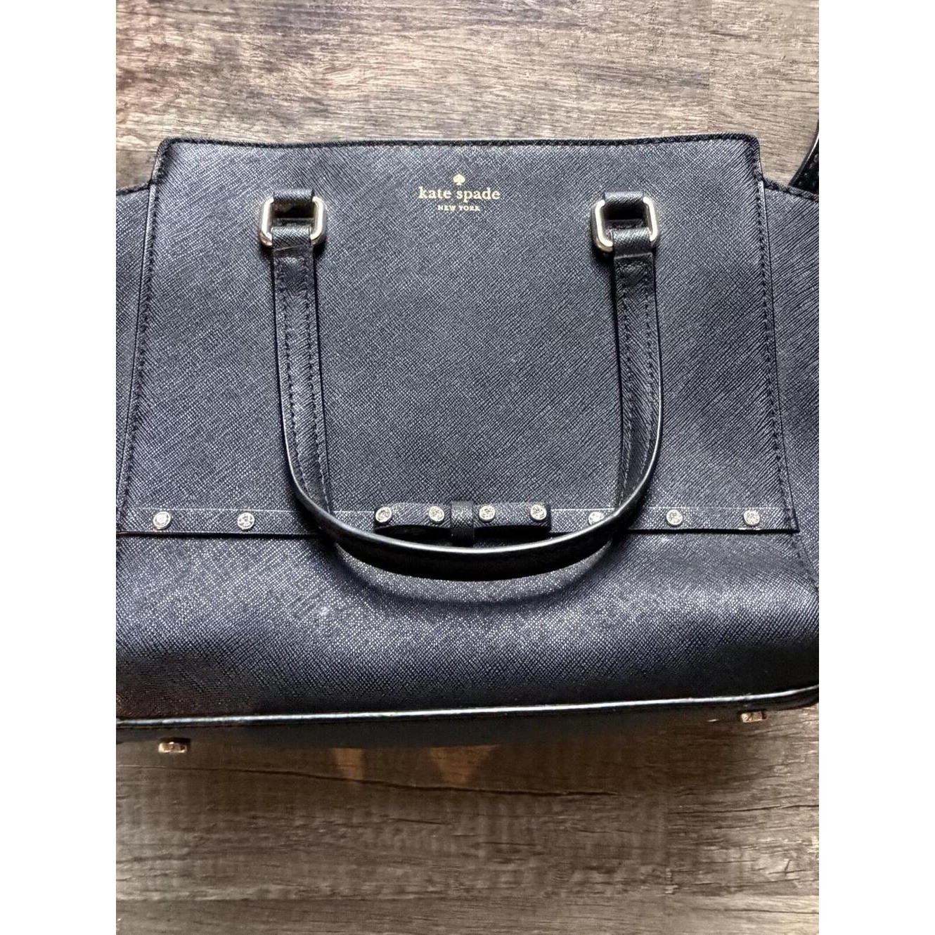 Kate Spade Black Leather Satchel with Studded Bow Charm