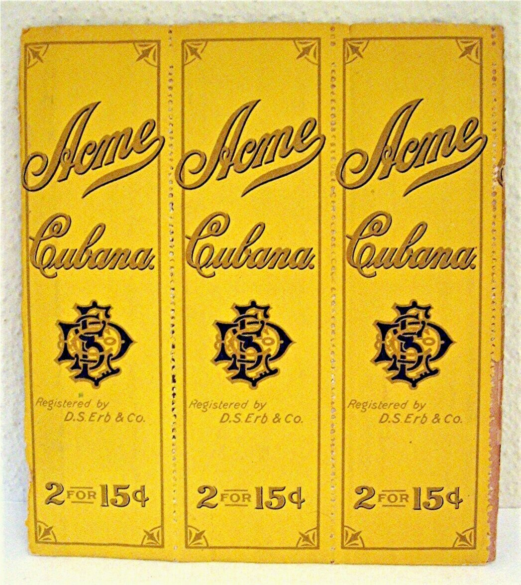 3 Perforated 1900 Acme Cubana Cigar Store Bags D S Erb & Co Old Store Stock