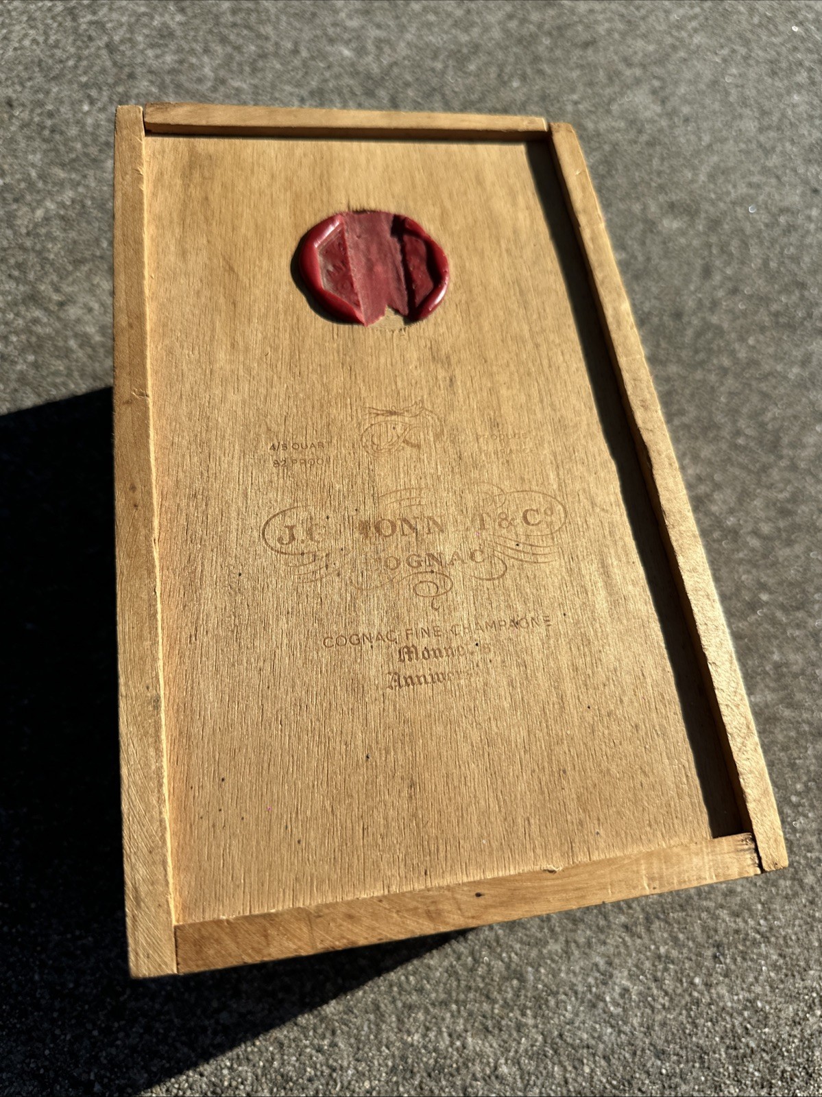 Vintage c1960 J.G. Monnet & Co Cognac Wood Box France Red Velvet Wax Seal