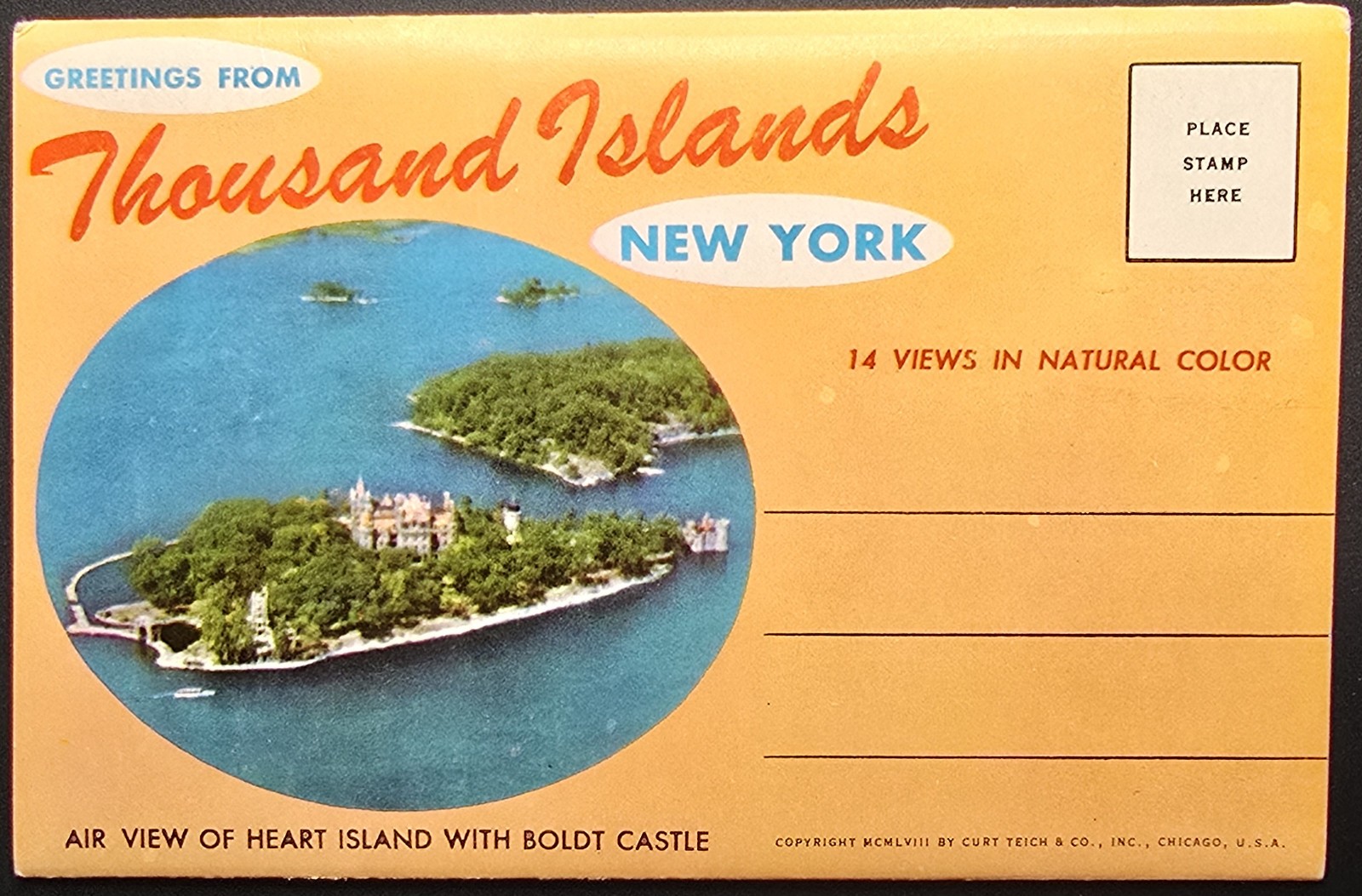 1958 Greetings from Thousand Islands NY Boldt Castle Curt Teich Souvenir PC