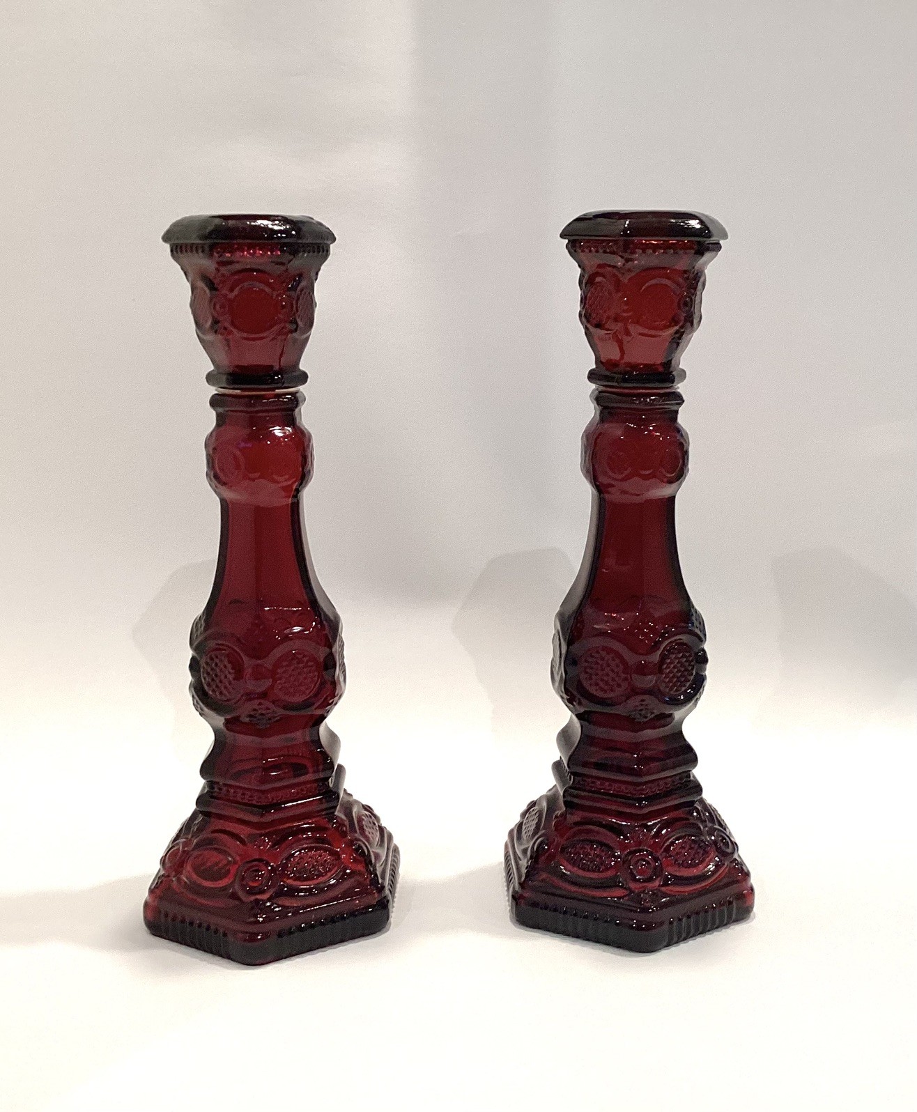 Avon 1876 Cape Cod Ruby Red Glass 2 Candlesticks Vintage 8-3/4” Patchwork Label