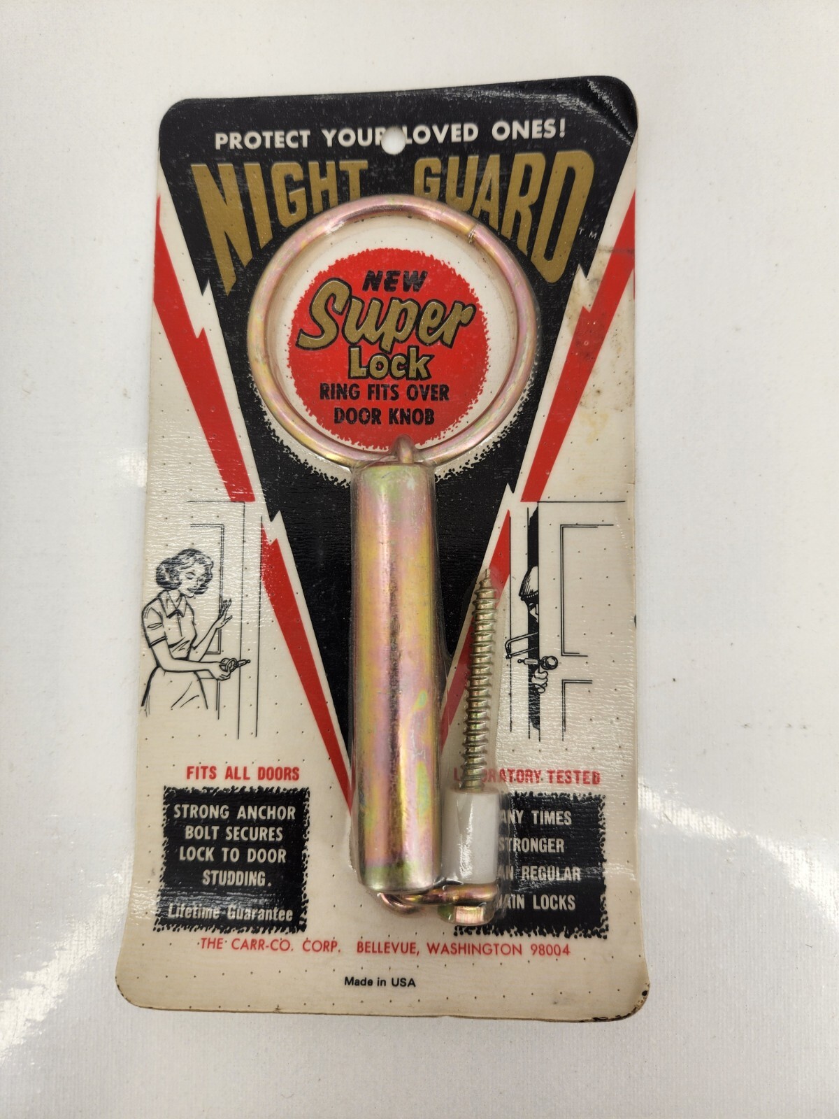 New Vintage Door Knob Lock Night Guard Super Lock Ring Security Hardware Carr-Co