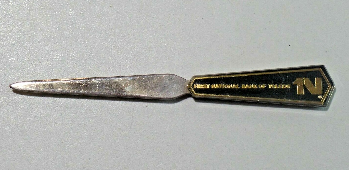 Vtg. First National Bank of Toledo Advertising Metal Letter Opener Black & Gold 