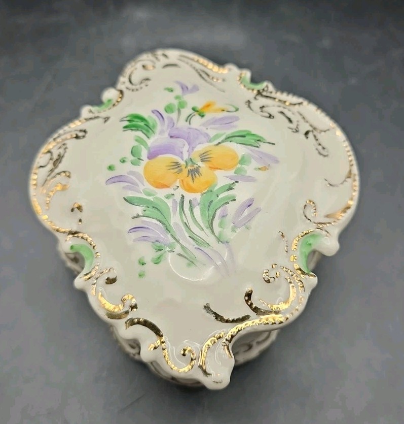 Vintage Porcelain Lidded Trinket Box Hand Painted, Stamp On Back