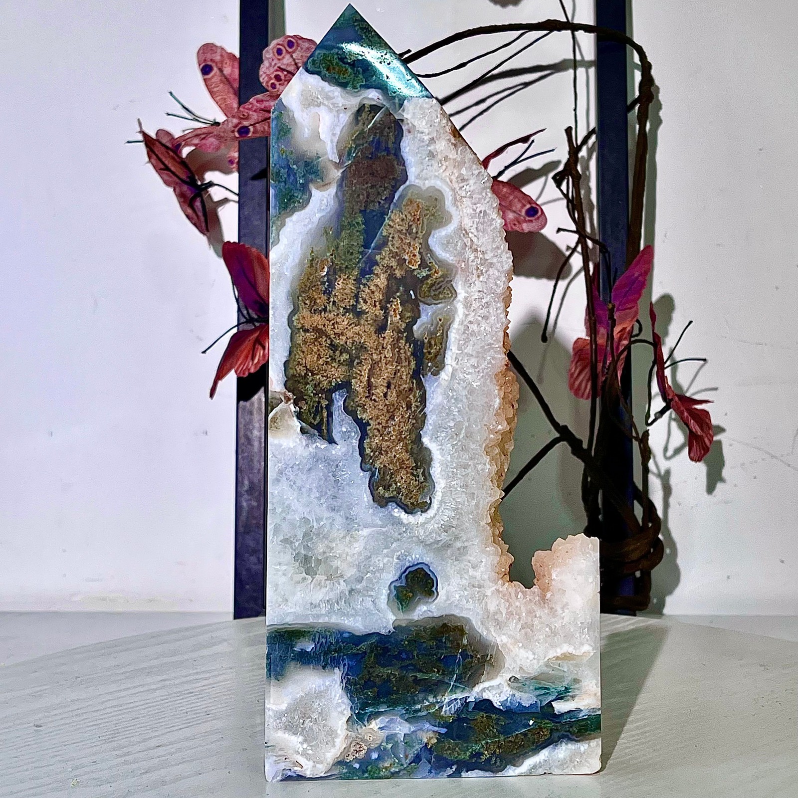 2.91LB  Natural green moss agate quartz obelisk crystal aura healing energy