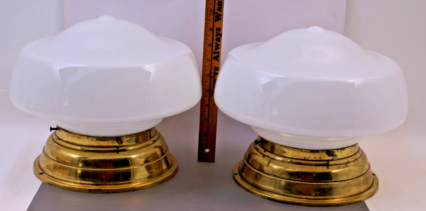 MATCHED PAIR MILK GLASS CEILING GLOBE FIXTURES & METAL BASES - ANTIQ VTG ORIG
