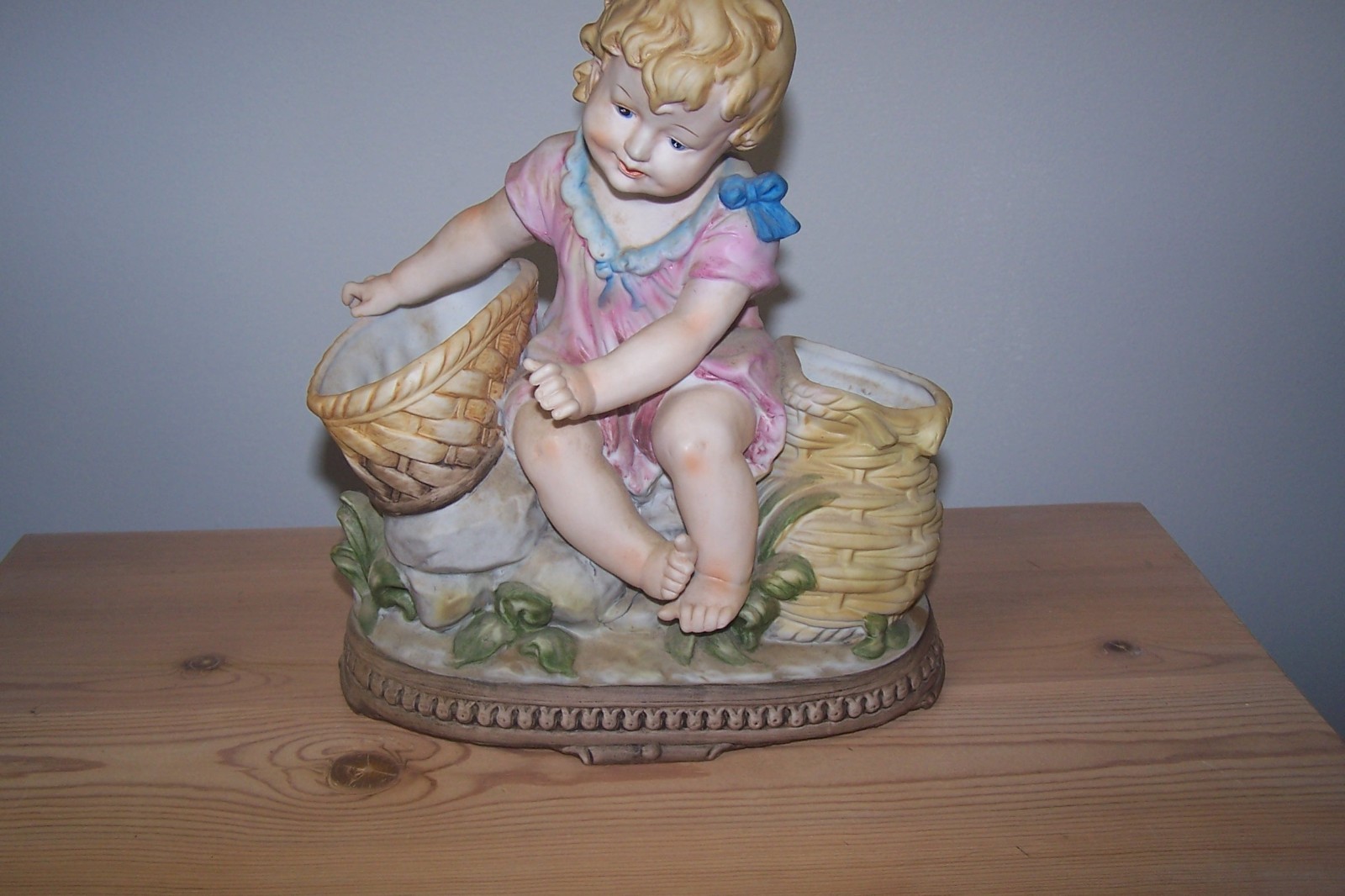 Antique Vtg Bisque Porcelain Sitting Girl w Basket Piano Baby Planter Vase 