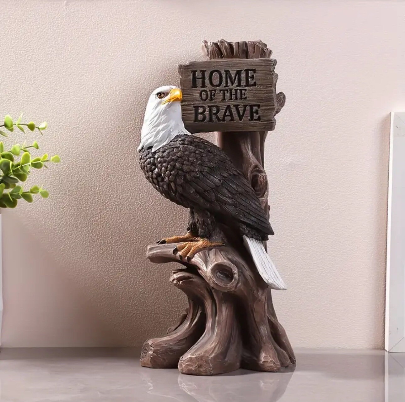 Patriotic American Bald Eagle Statue with “Home Of The Brave” Sign Hand-Painted
