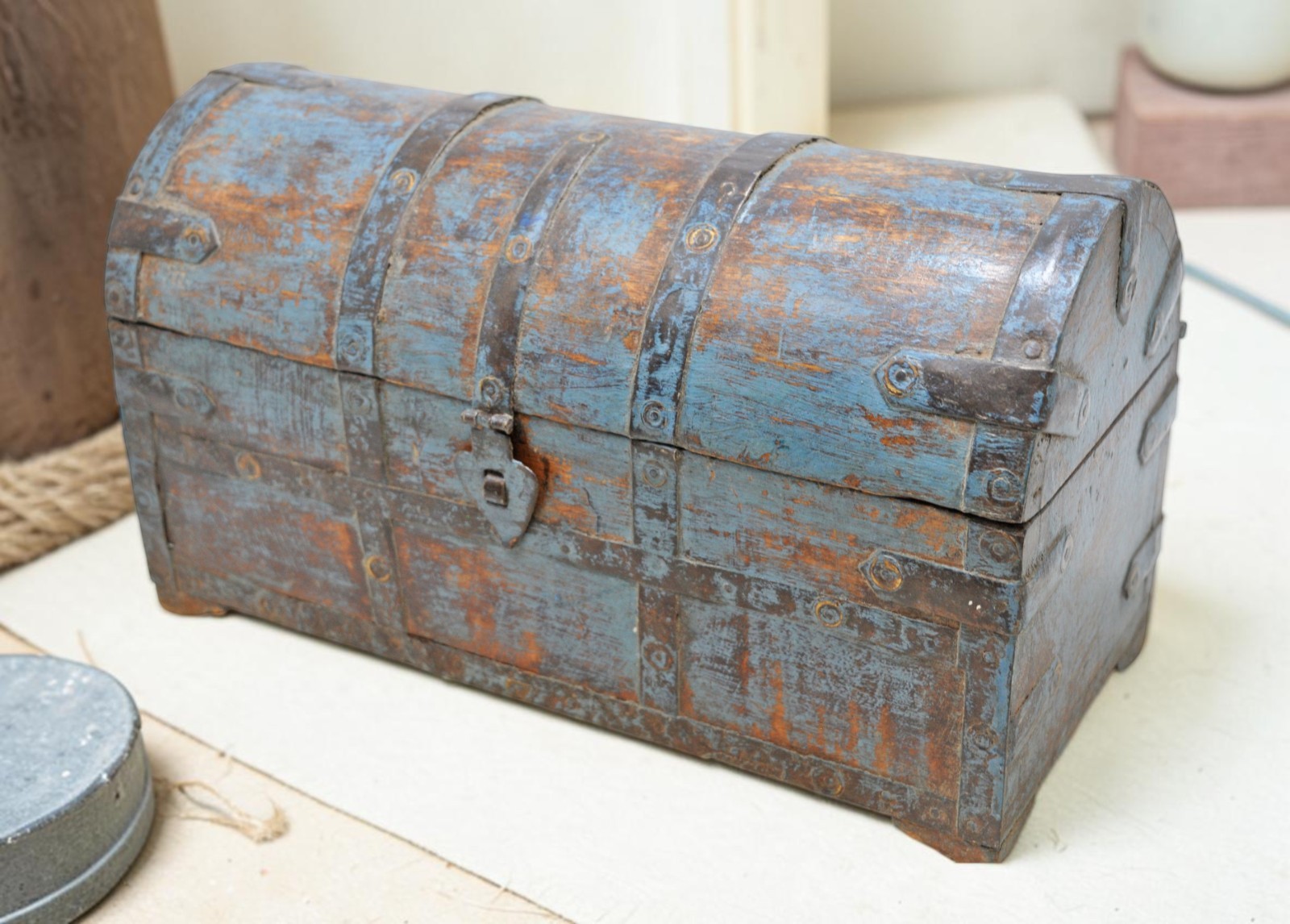 Vintage Wooden Half Round Storage Box Original Old Hand Crafted Rustic Blue