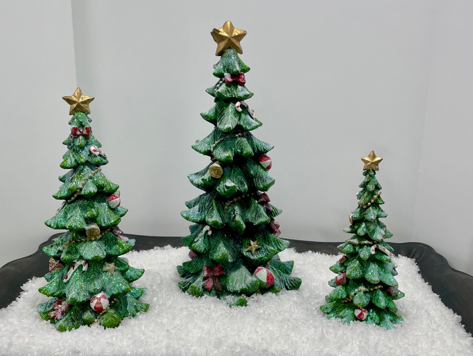 Transpac Resin Holiday Tree Set of 3 Figurines Green Christmas Trees-NEW-glitter
