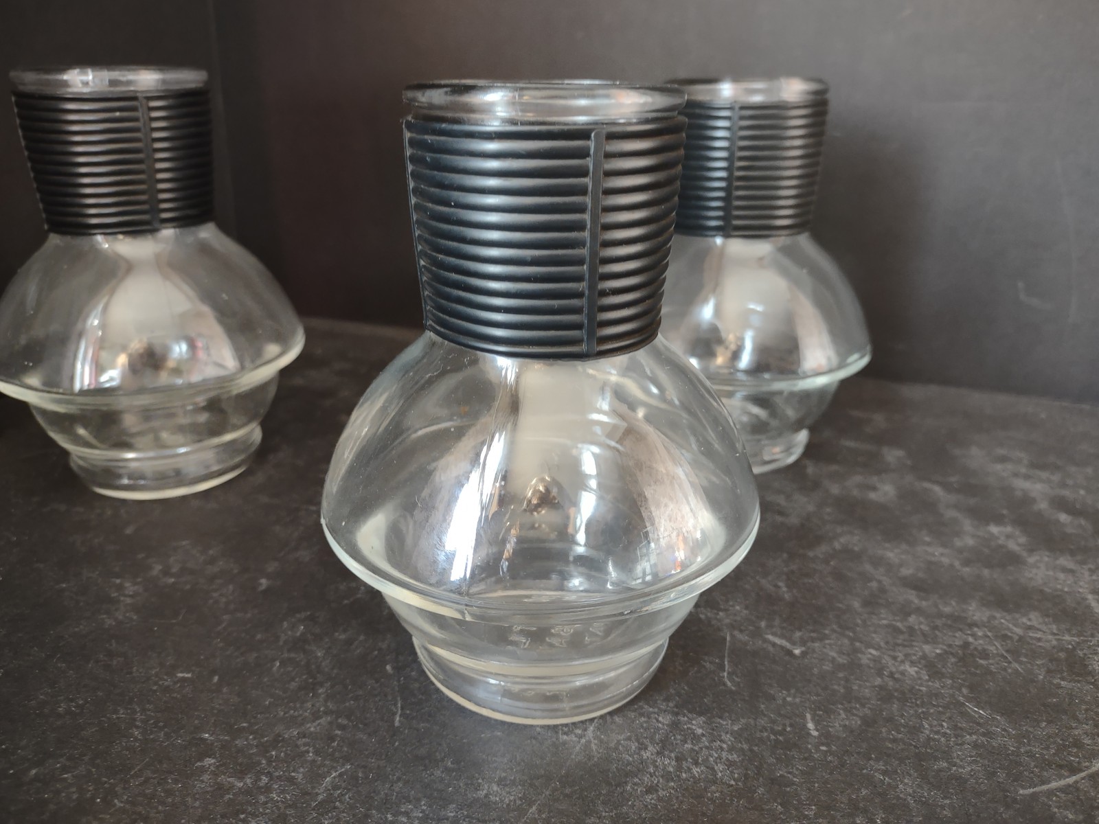 Vintage 9 x Hottle Carafe Clear Glass NO Lid Glasbake Black Neck (lot 5316)