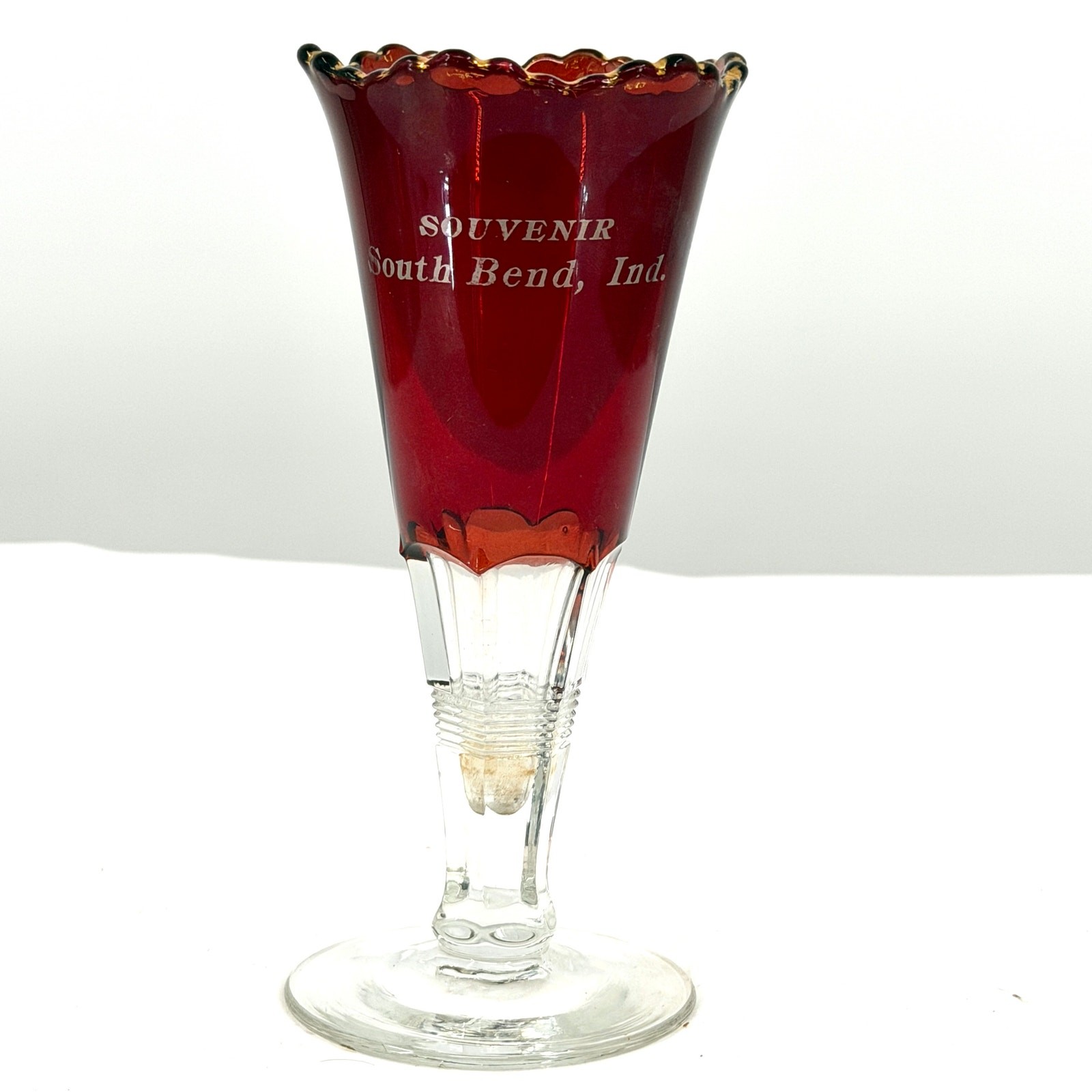 Vintage 1900s EAPG Ruby Stained Clear Glass South Bend Ind Souvenir Goblet
