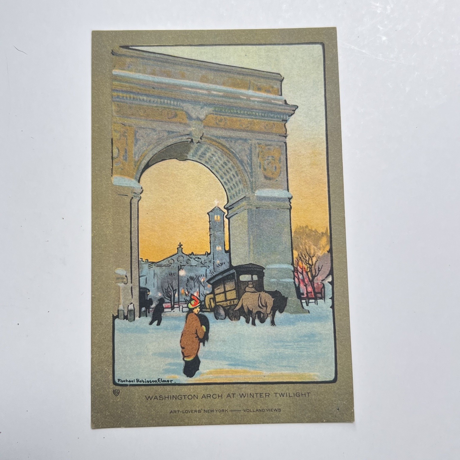 1914 Washington Arch Winter Twilight NYC Postcard Mabel Rolfe Elmore Art Lovers
