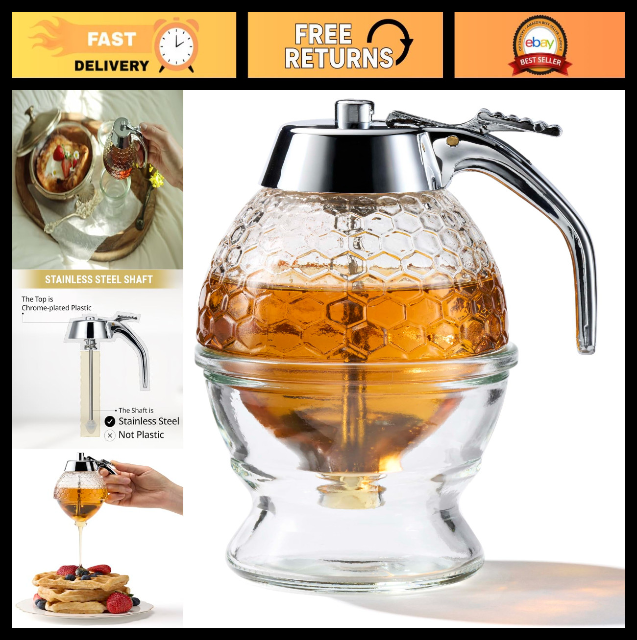 Sleek Stainless Steel Honey Dispenser with Stand - No Drip Glass Jar, 8 oz, Hone