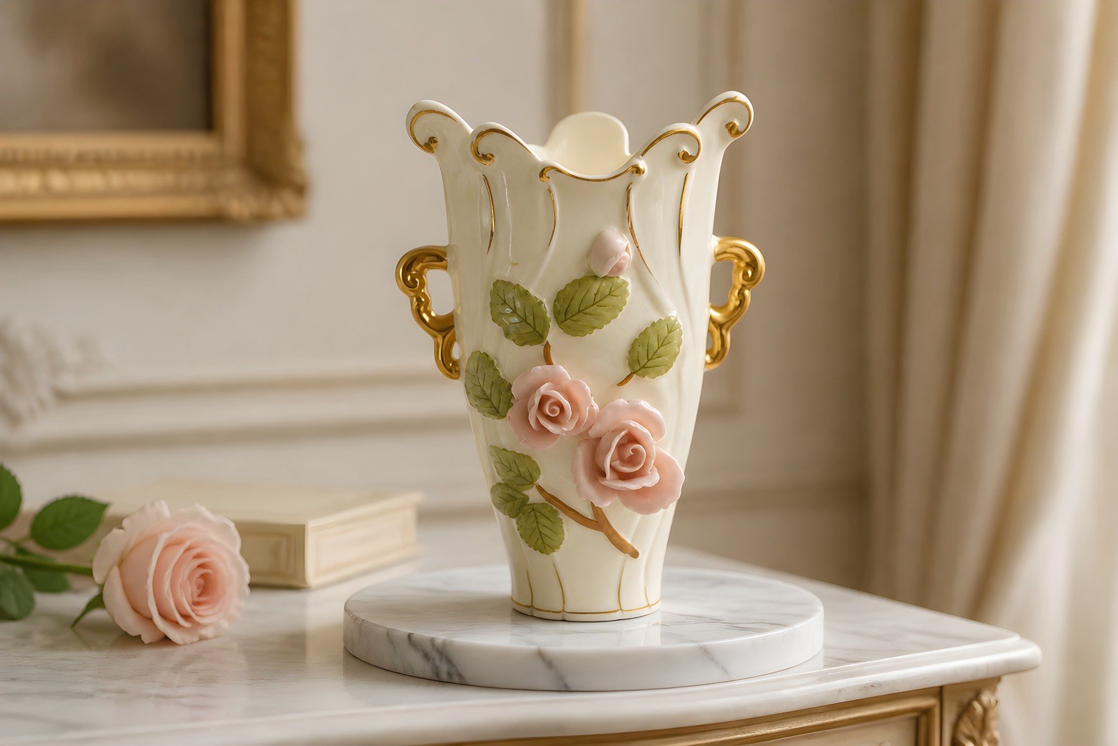 Vintage UCAGCO Japanese ceramic vase with applied pink roses and gold trim 8”