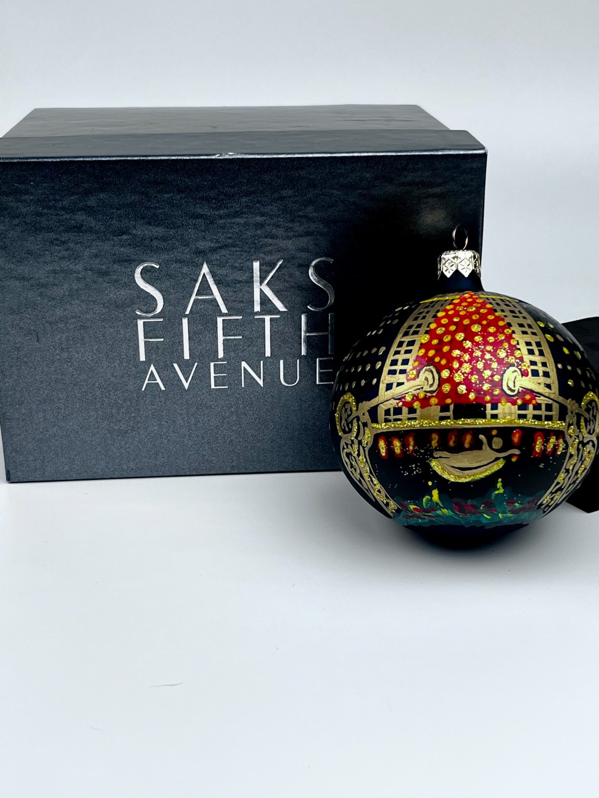 Vintage Saks Fifth Ave Hand Painted  Glass Christmas Ornament Rockefeller Center