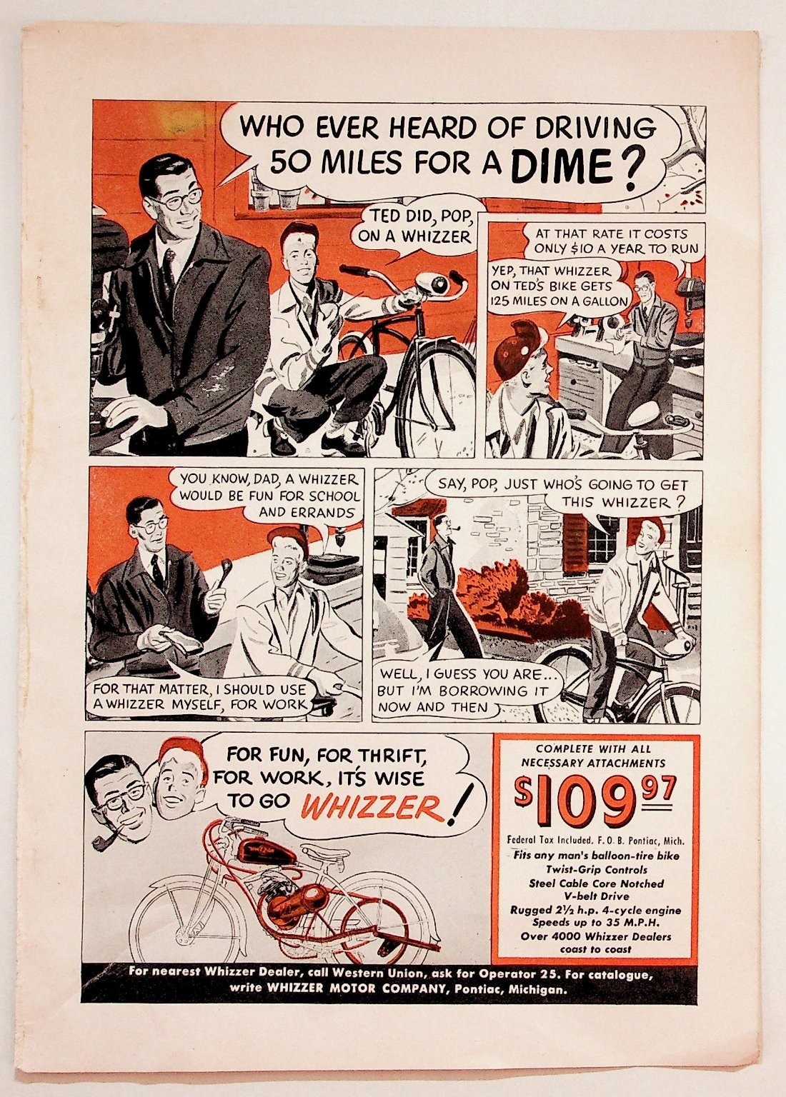 Vintage 1940s Whizzer Motorbike Bicycle Engine Kit Comic Ad Pontiac MI