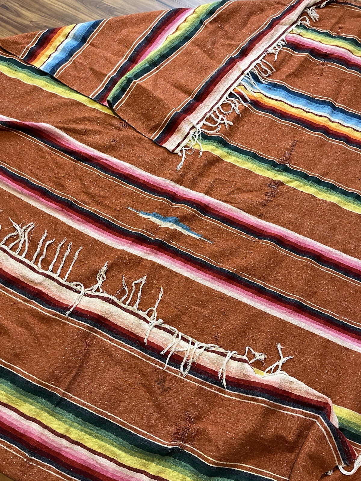Vintage Mexican Saltillo Serape Wool Blanket Woven Striped Southwest Aztec 85x59