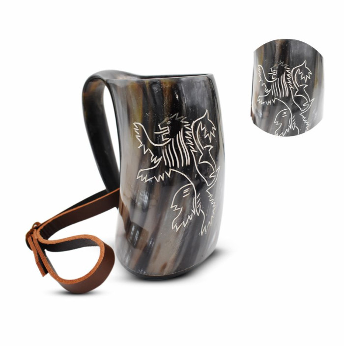 Medieval Warrior Horn Viking Tankard Drinking Mug w/Leather Strap-800mL Ox Horn