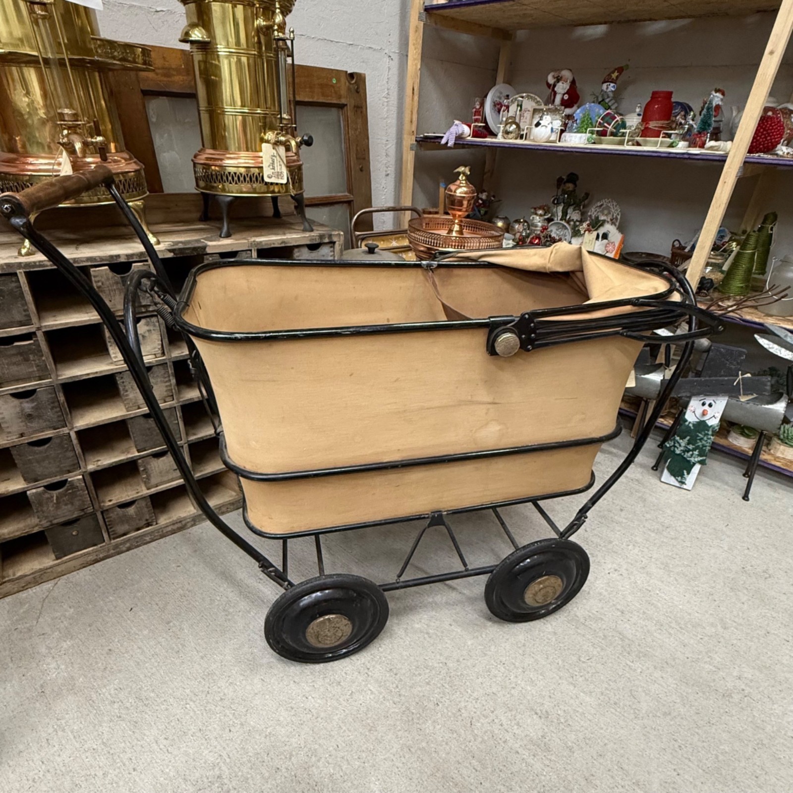 Vintage Canvas Baby Buggy Carriage Wood Handles Metal Frame Spring Suspension