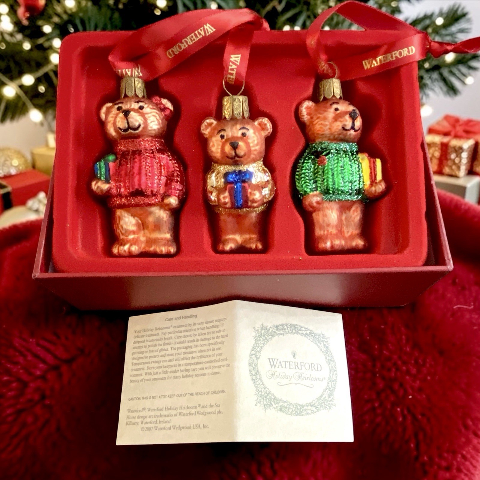 Waterford Holiday Heirlooms Set 3 TEDDY BEARS Glass Christmas Ornament Boxed