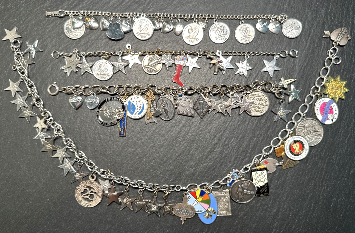 VINTAGE 1960'S-1990'S BETA SIGMA PHI BRACELETS/NECKLACE WITH 85+ CHARMS H993