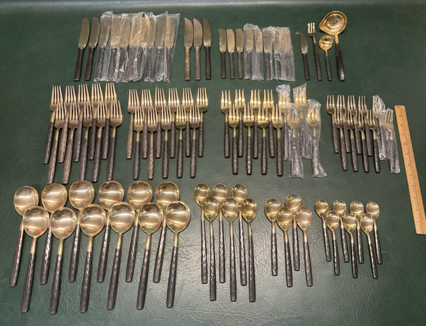 97 Pc Vintage Mid-Century Modern Thai Hammered Brass Flatware Set
