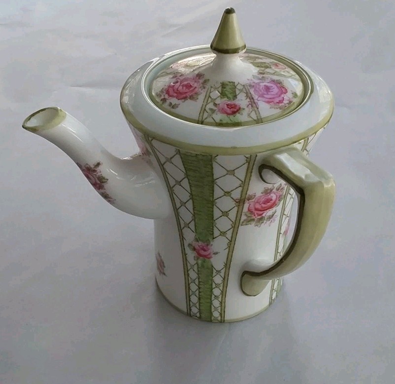 Antique Longton Sons Side Handle English 6 X 5 Handpainted Pink & Green Teapot