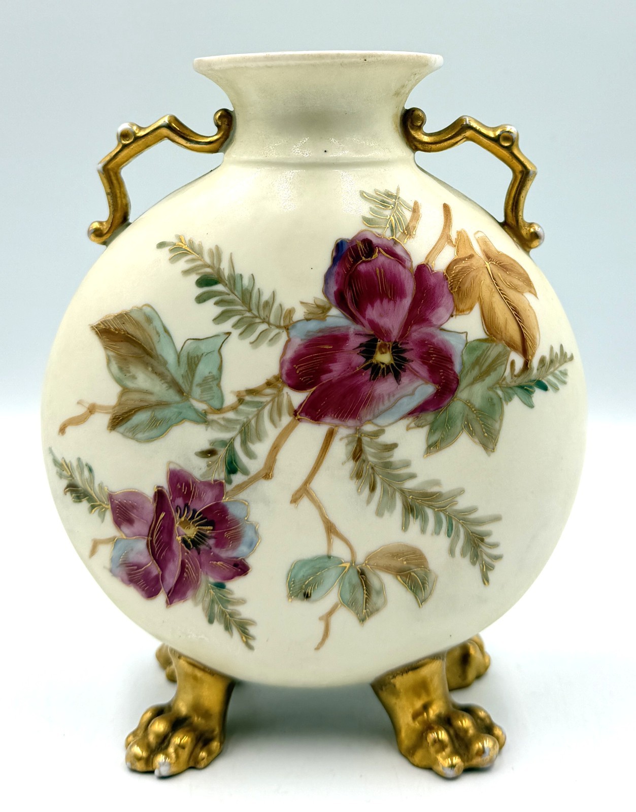 Antique Royal Rudolstadt Style Porcelain Vase Hand Painted Floral Gilt Paw Feet