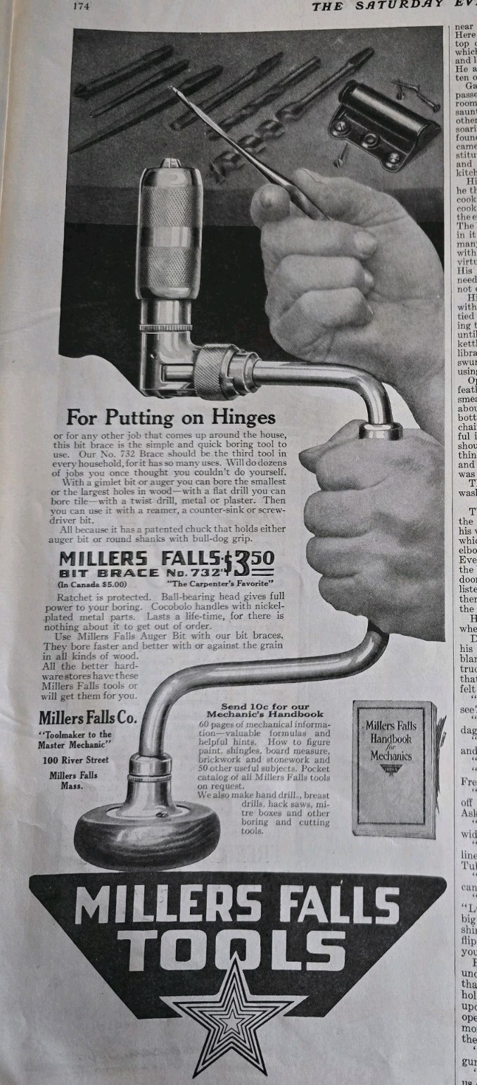 1919 Millers Falls tools bit brace for putting on hinges vintage ad