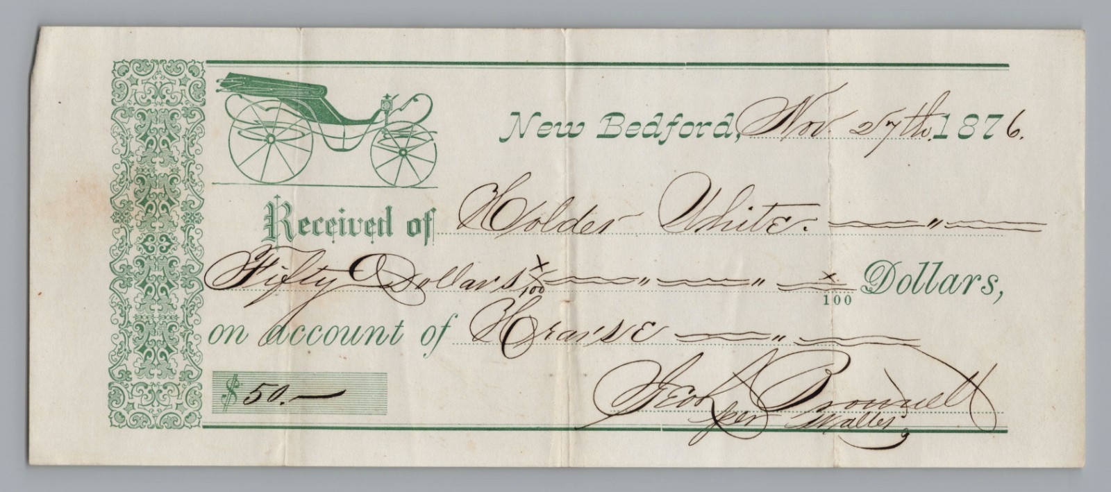 Antique 1876 New Bedford Mass Handwritten Receipt Horse Carriage Vignette