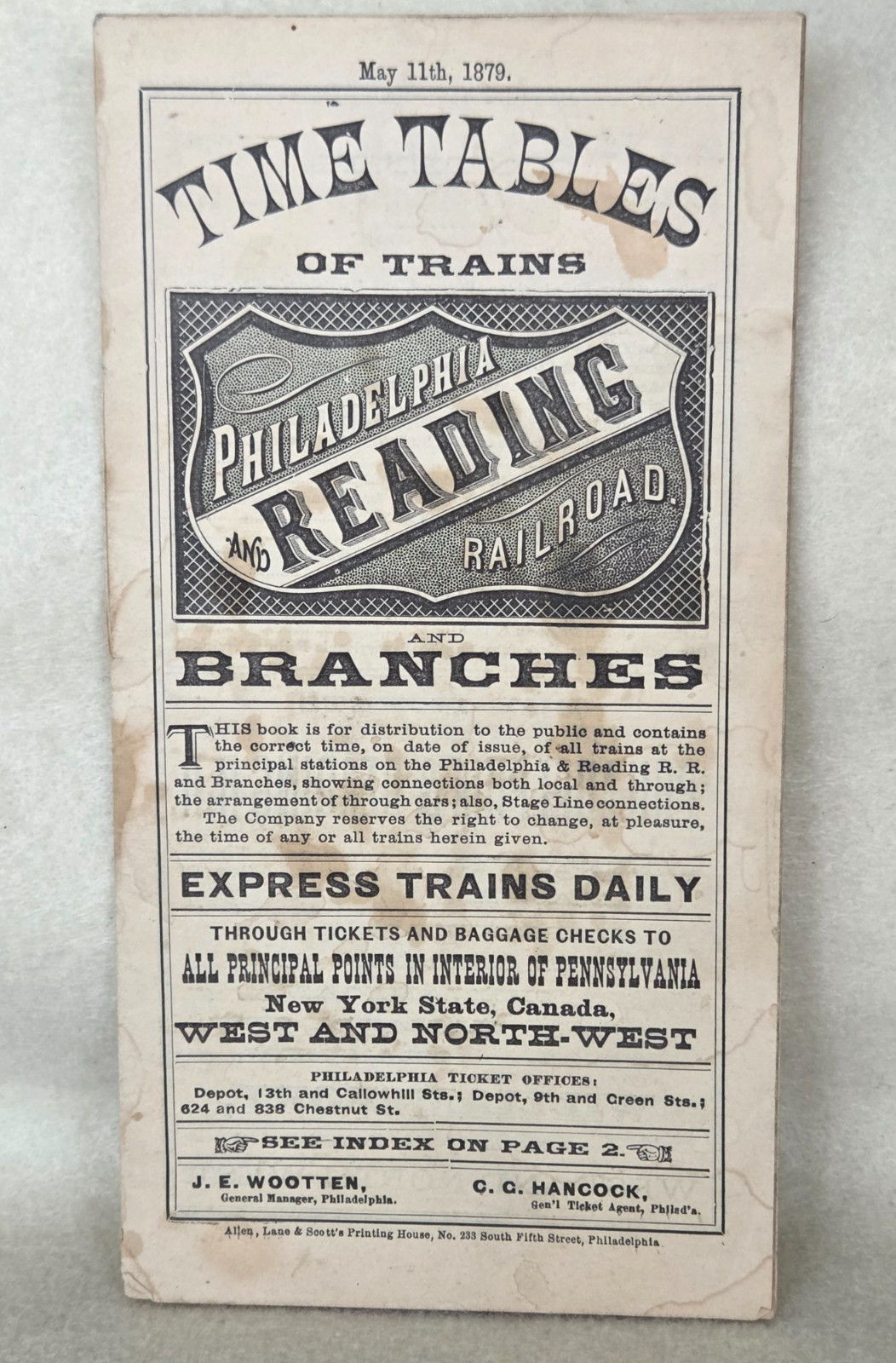 Rare 1879 Philadelphia and Reading Railroad Time Tables of Trains W/ Map
