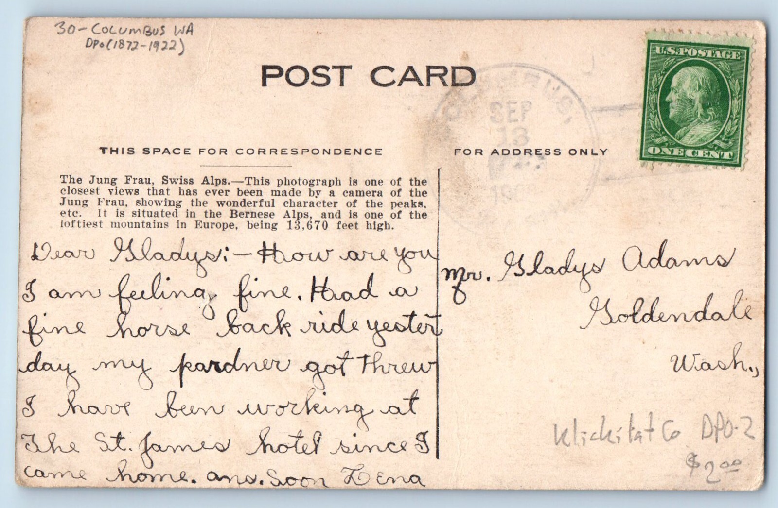 DPO (1872-1922) Columbus WA Postcard The Jung Frau Swiss Alps Mountain View