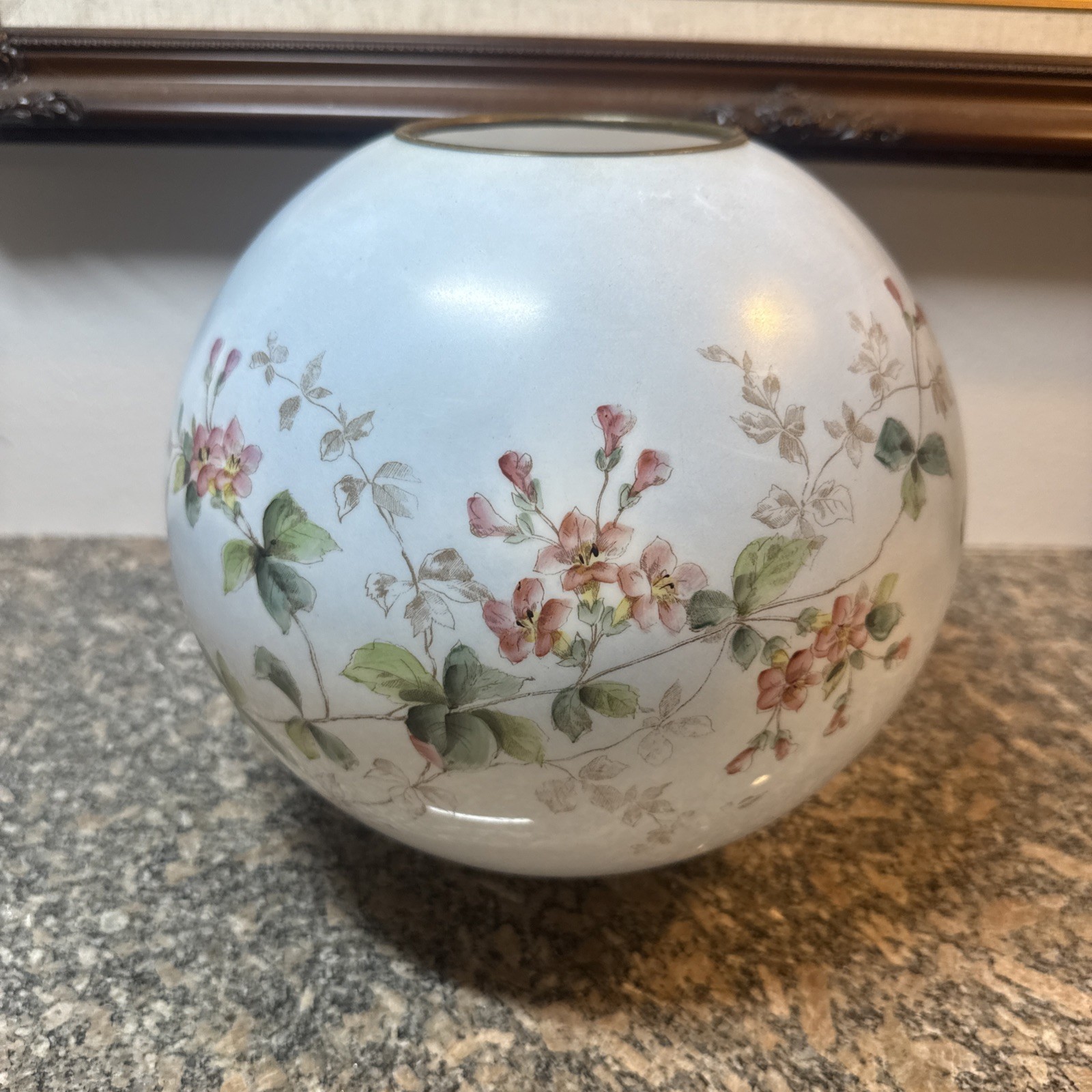 Antique Glass Handel Globe Shade Hand Painted Floral  Oil Lamp Shade 9” Tall
