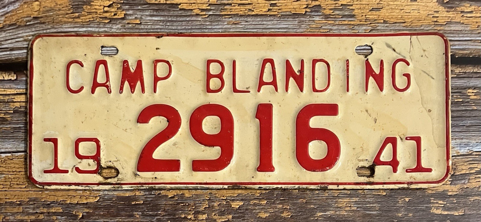 1941 WWII Era CAMP BLANDING License Plate 2916 Military National Guard Florida