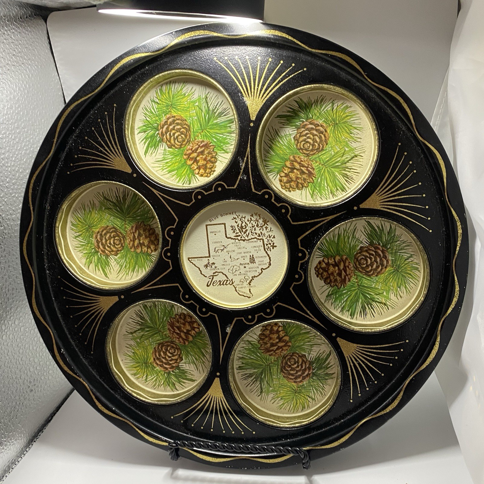 Vtg Texas Blue Bonnet Pinecone Metal Serving Tray READ Damage Souvenir