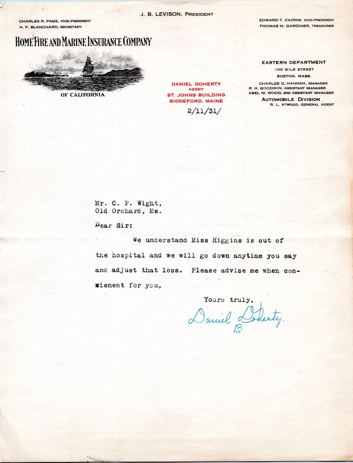 1931 Letterhead - Home Fire and Marine Insurance Company, Biddeford, Maine