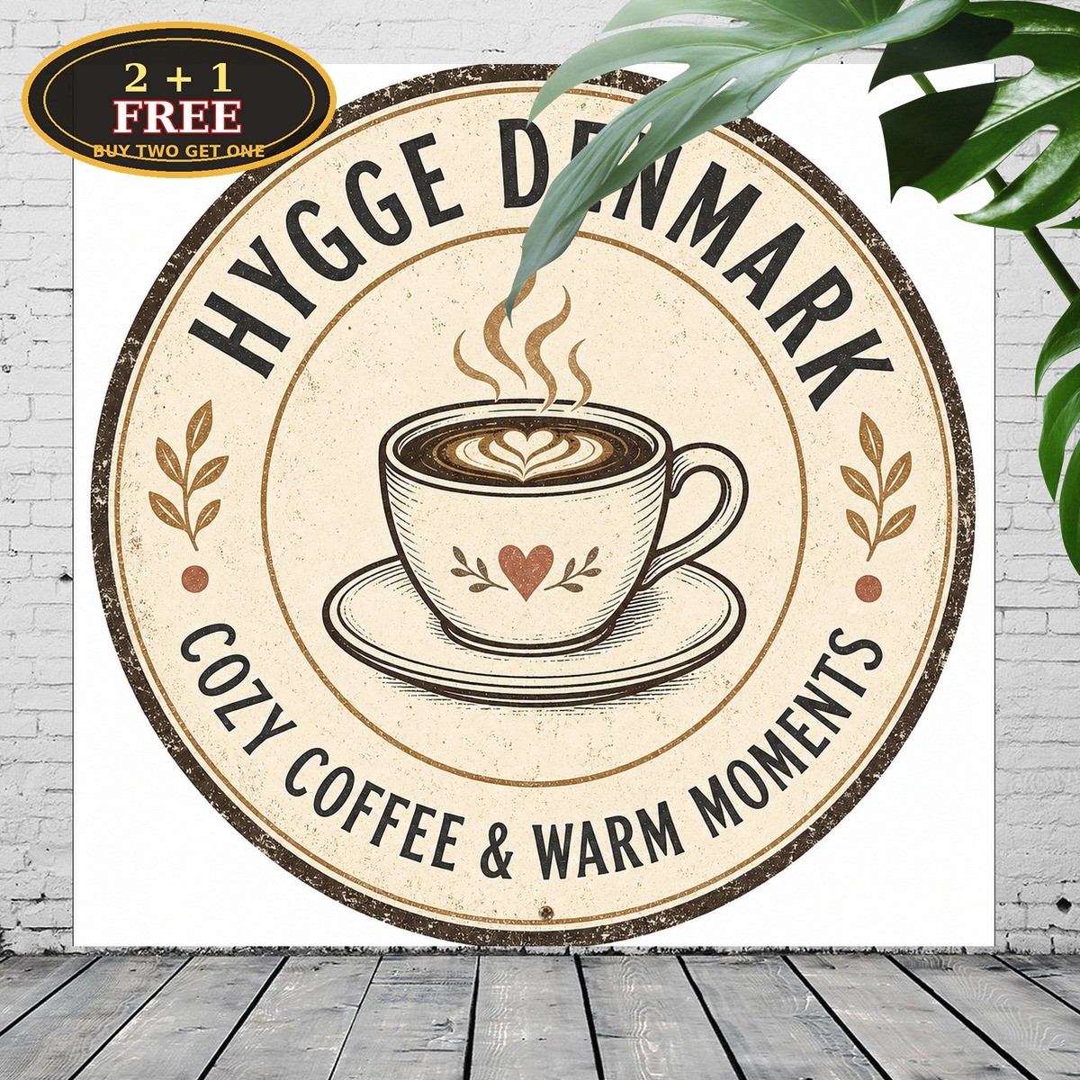 Hygge Denmark Cafe Coffee Cup Script Circular Ring Round Metal Plaque Sign 8x8