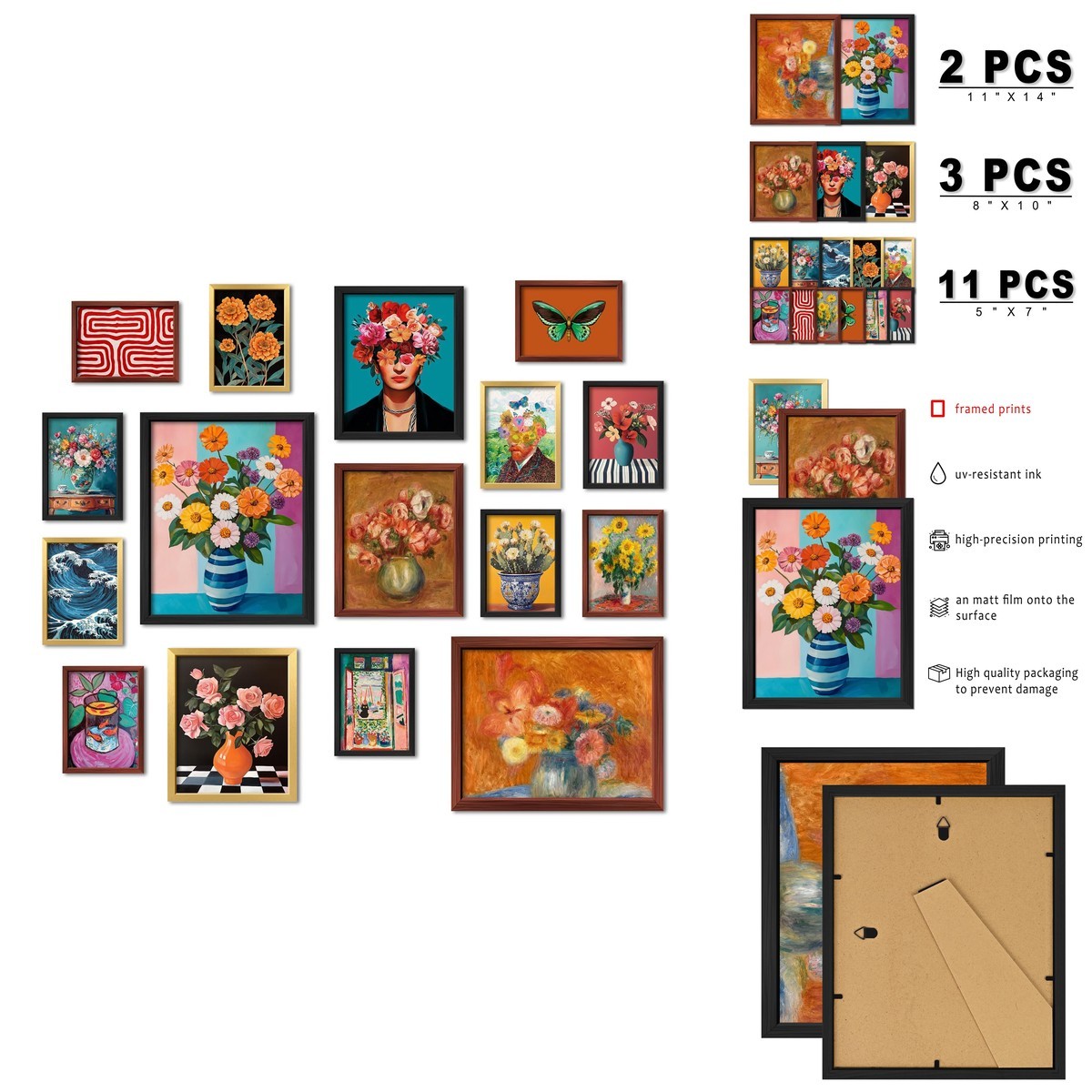 ANERZA 16 PCS Framed Eclectic Wall Art Set - Mid Century Modern Floral Prints