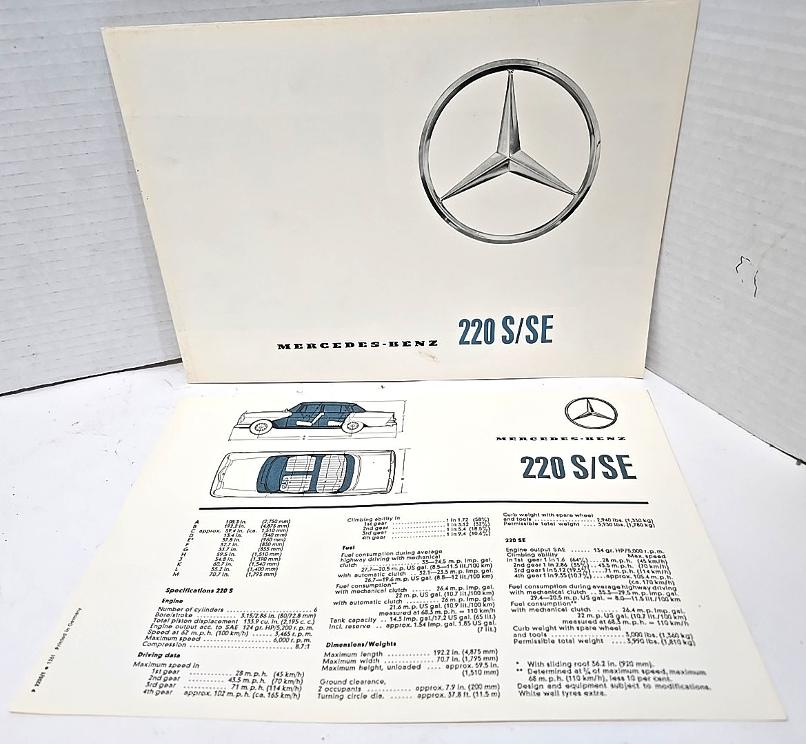 1960-61 Mercedes-Benz 220 S SE Sales Brochure + Spec Sheet Fold-Out OEM 1960-61 Mercedes-Benz 220 S SE Sales Brochure + Spec Sheet Fold-Out OEM
