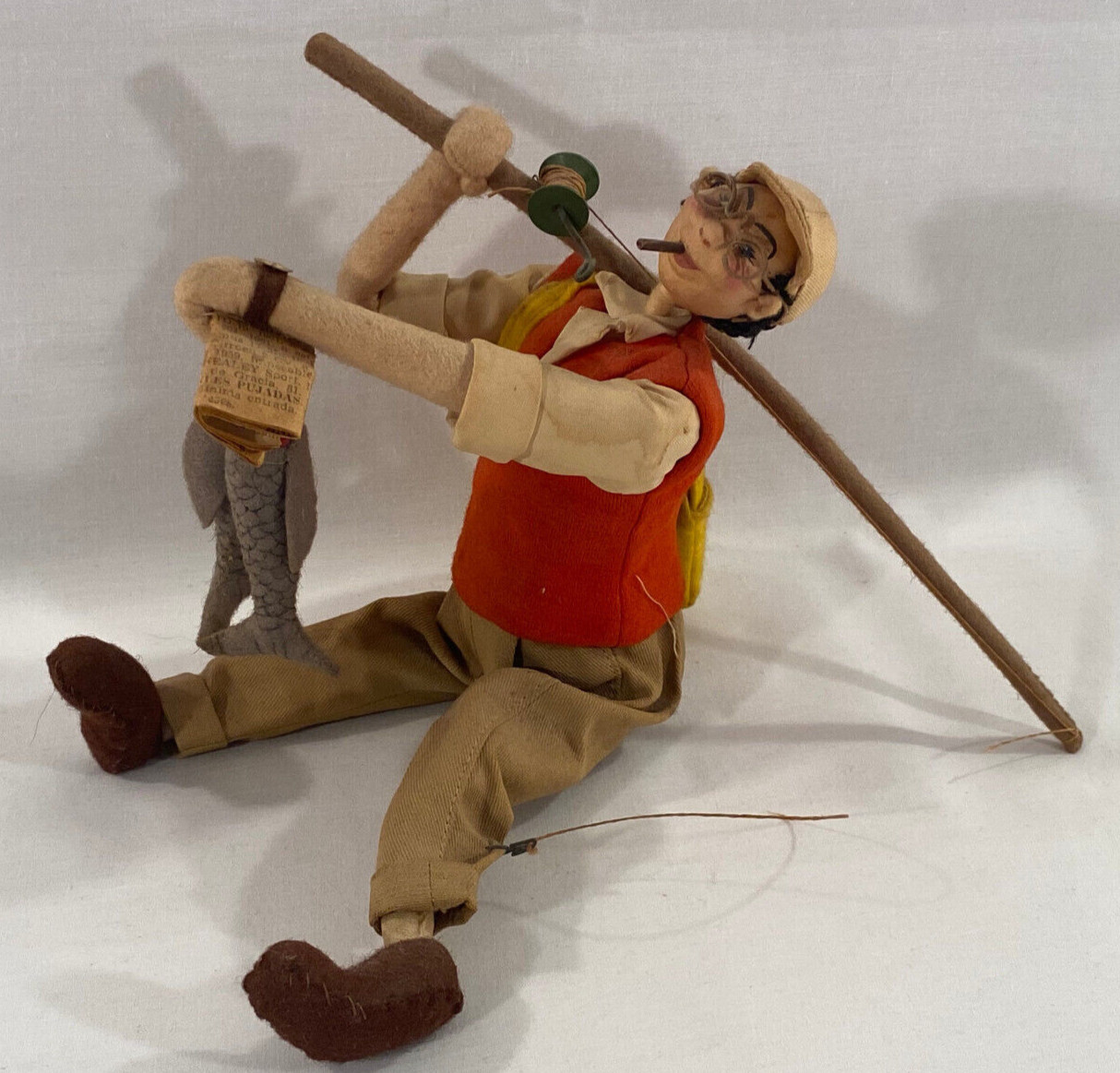 NEEDS REPAIR Vintage Roldan Cloth Fisherman Doll Figure No Tag