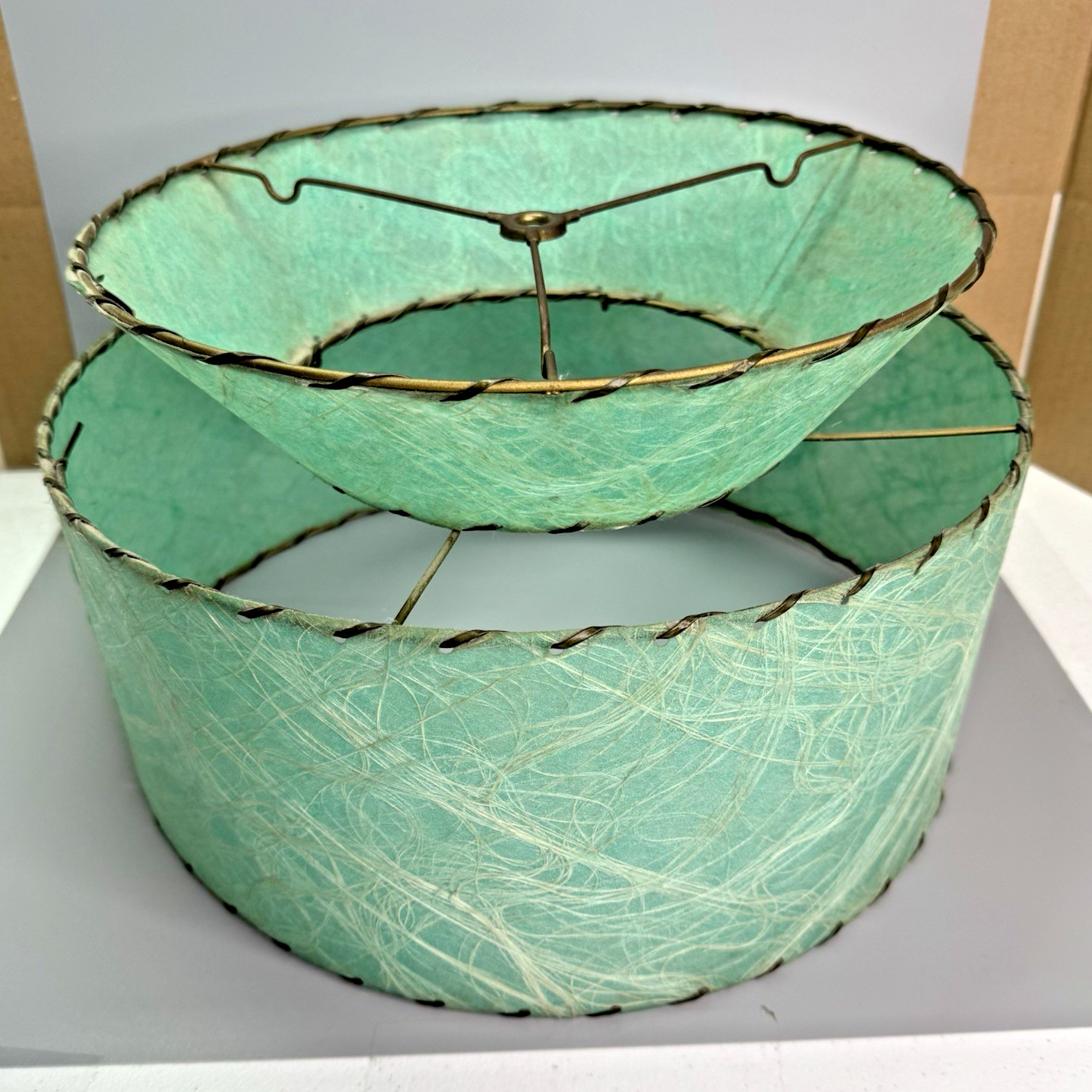 Vintage 1950s MCM Lamp Shade 2-Tier Fiberglass Turquoise Green 14