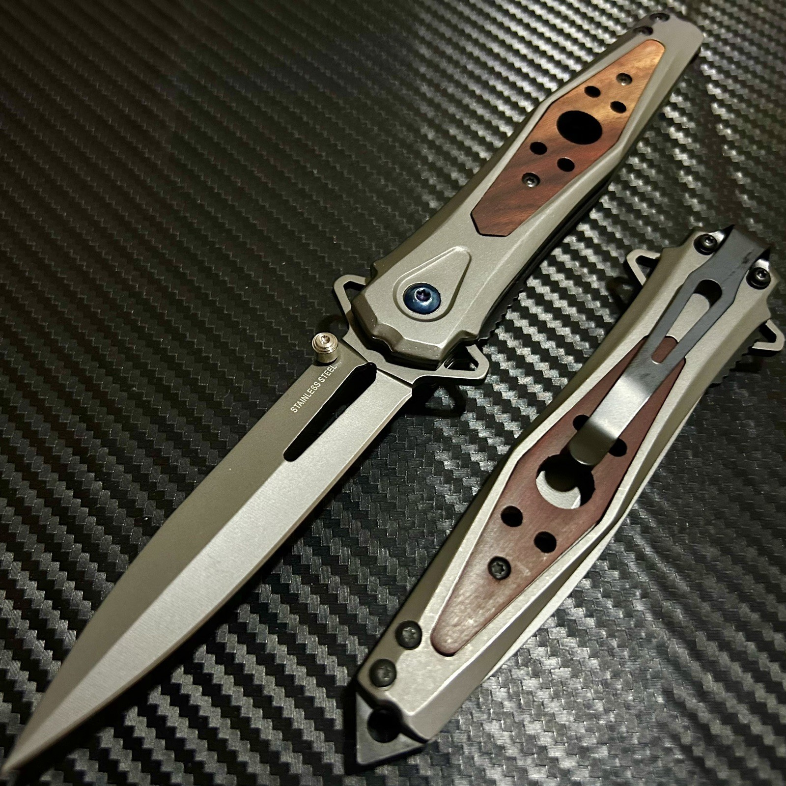 8.75” Wood Military Tactical EDC Spring Assisted Open Blade Folding Pocket Knife