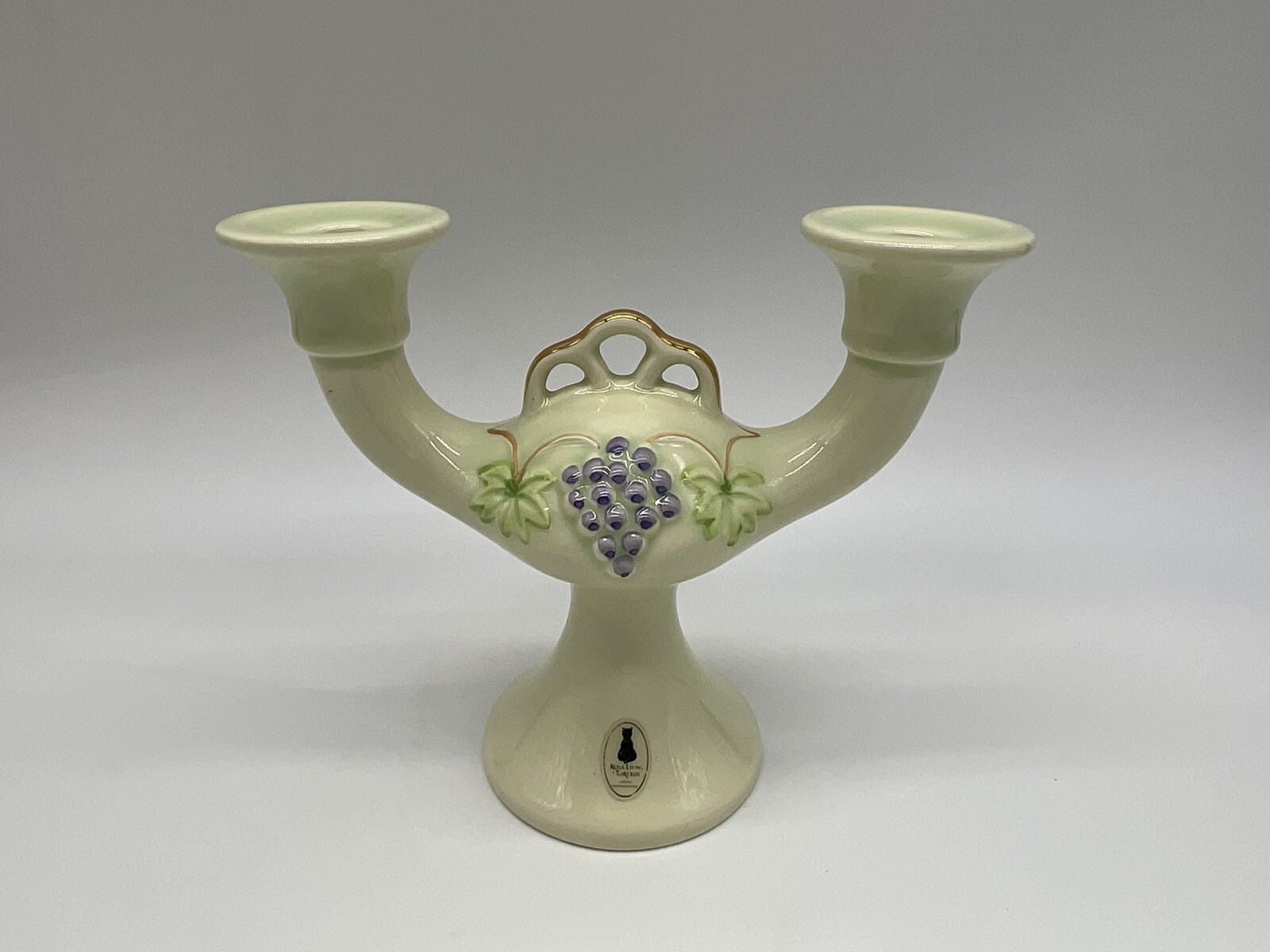 Rosa Ljung 2 arm Candleabra with embossed floral decorations Green Vintage