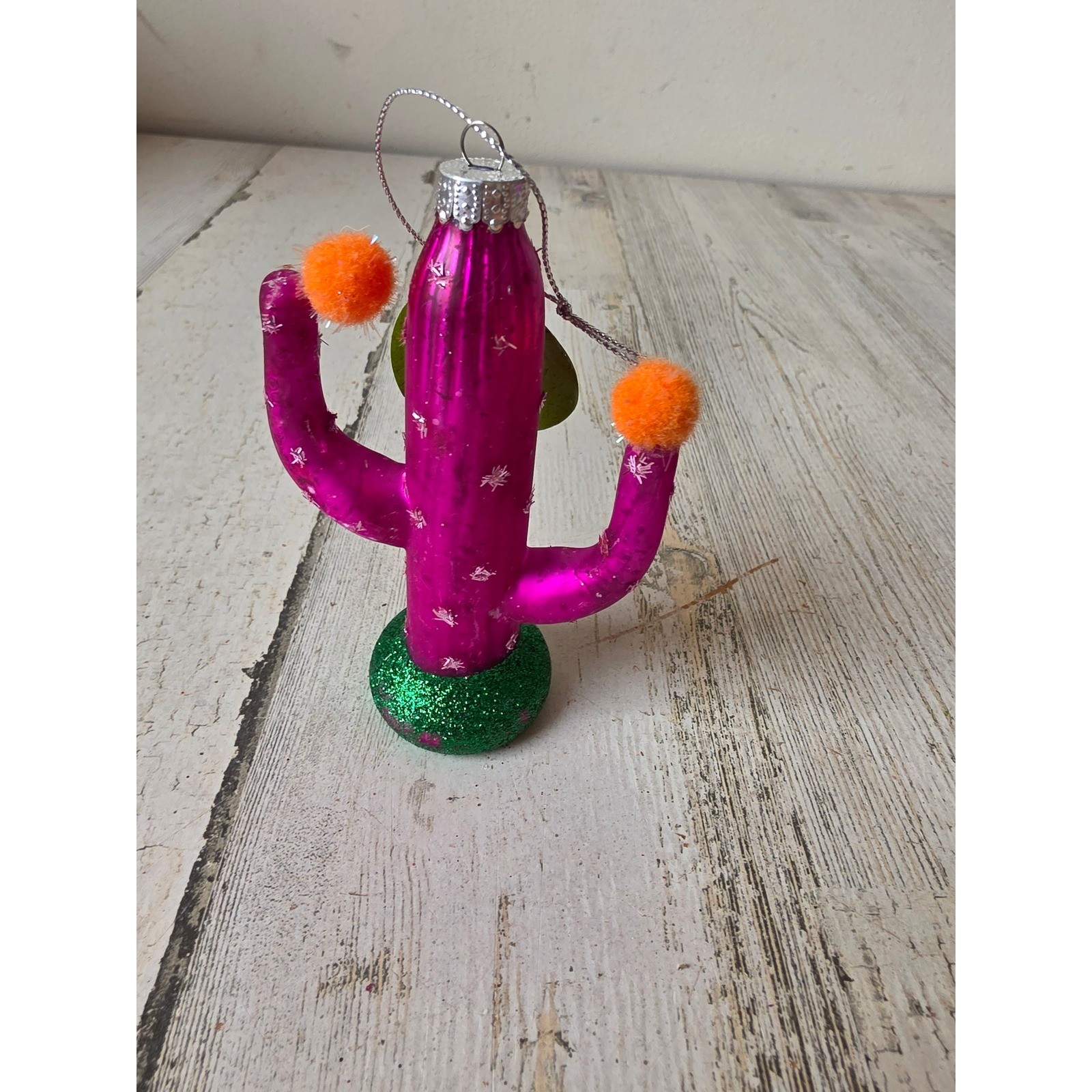 Vintage Ashland cactus plant glass ornament glitter pink tree decor