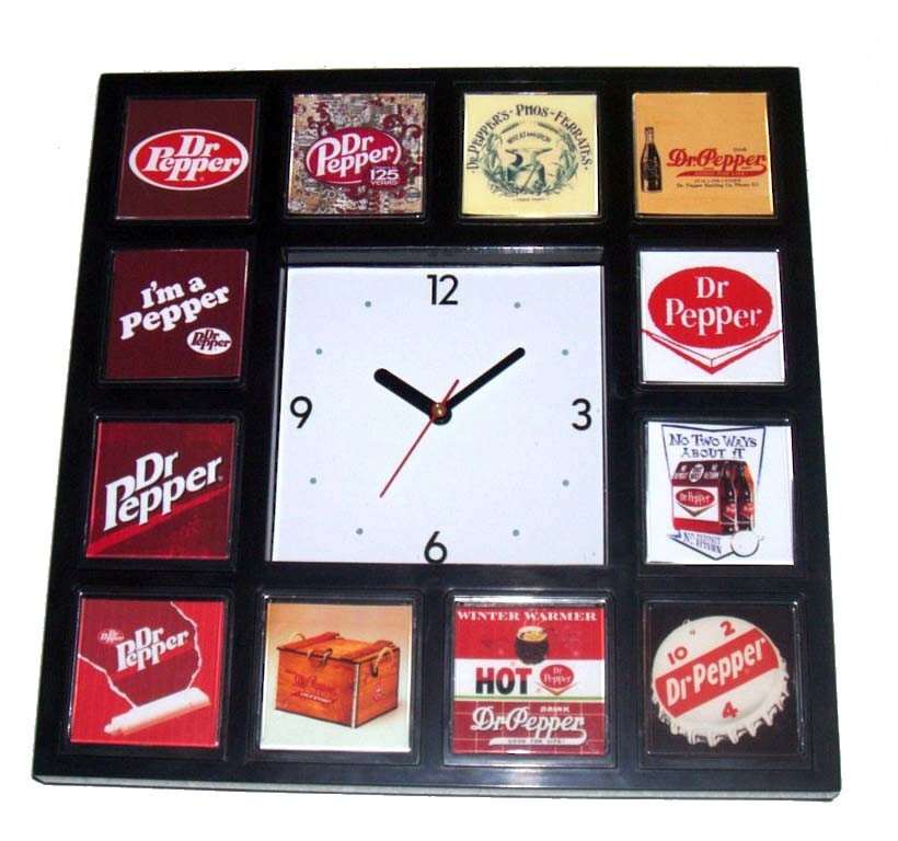 History of Dr. Pepper Clock with 12 pictures