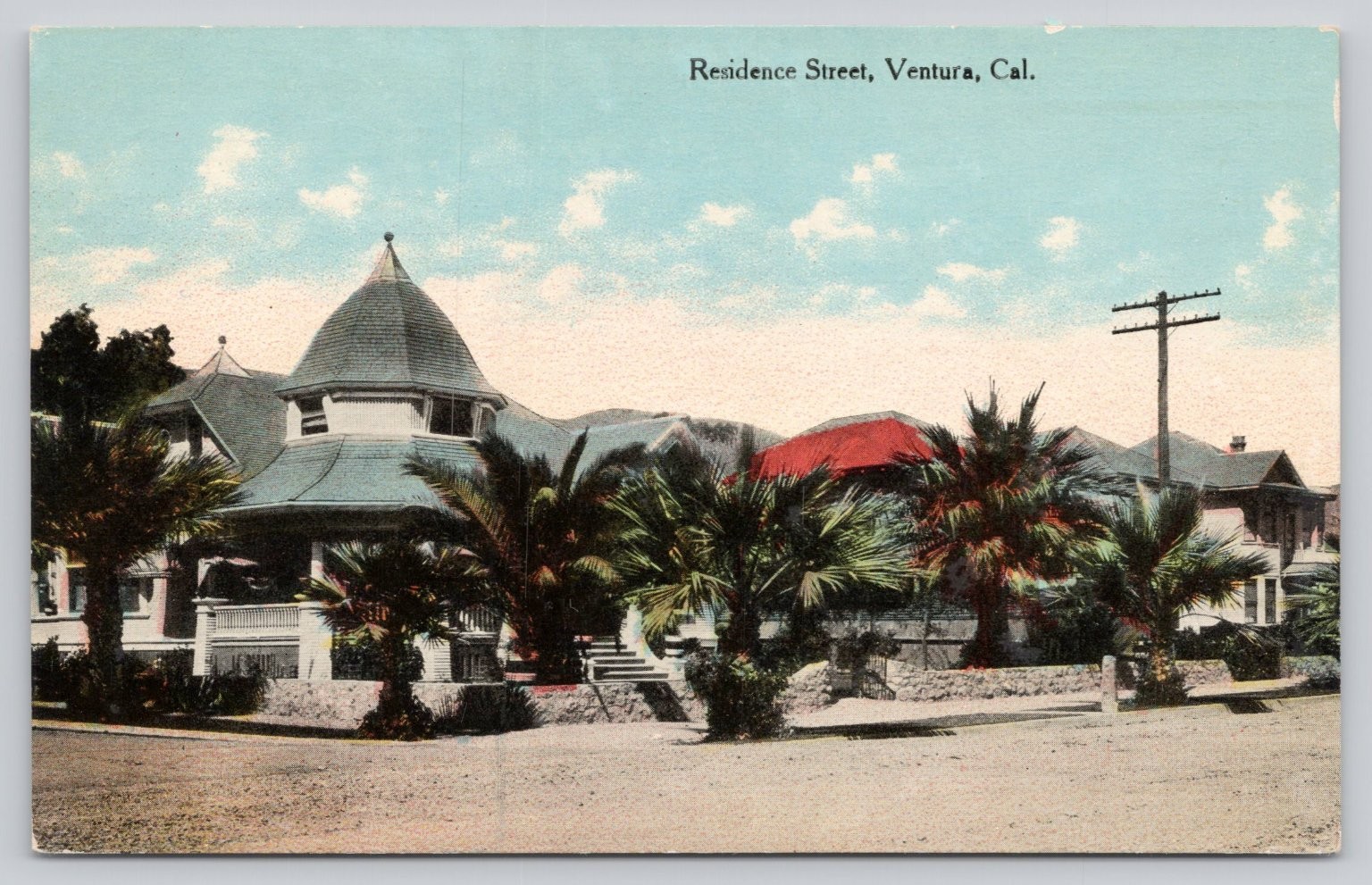 Vintage Postcard Residence Street Ventura CA Victorian Home Palm Trees Benham Co