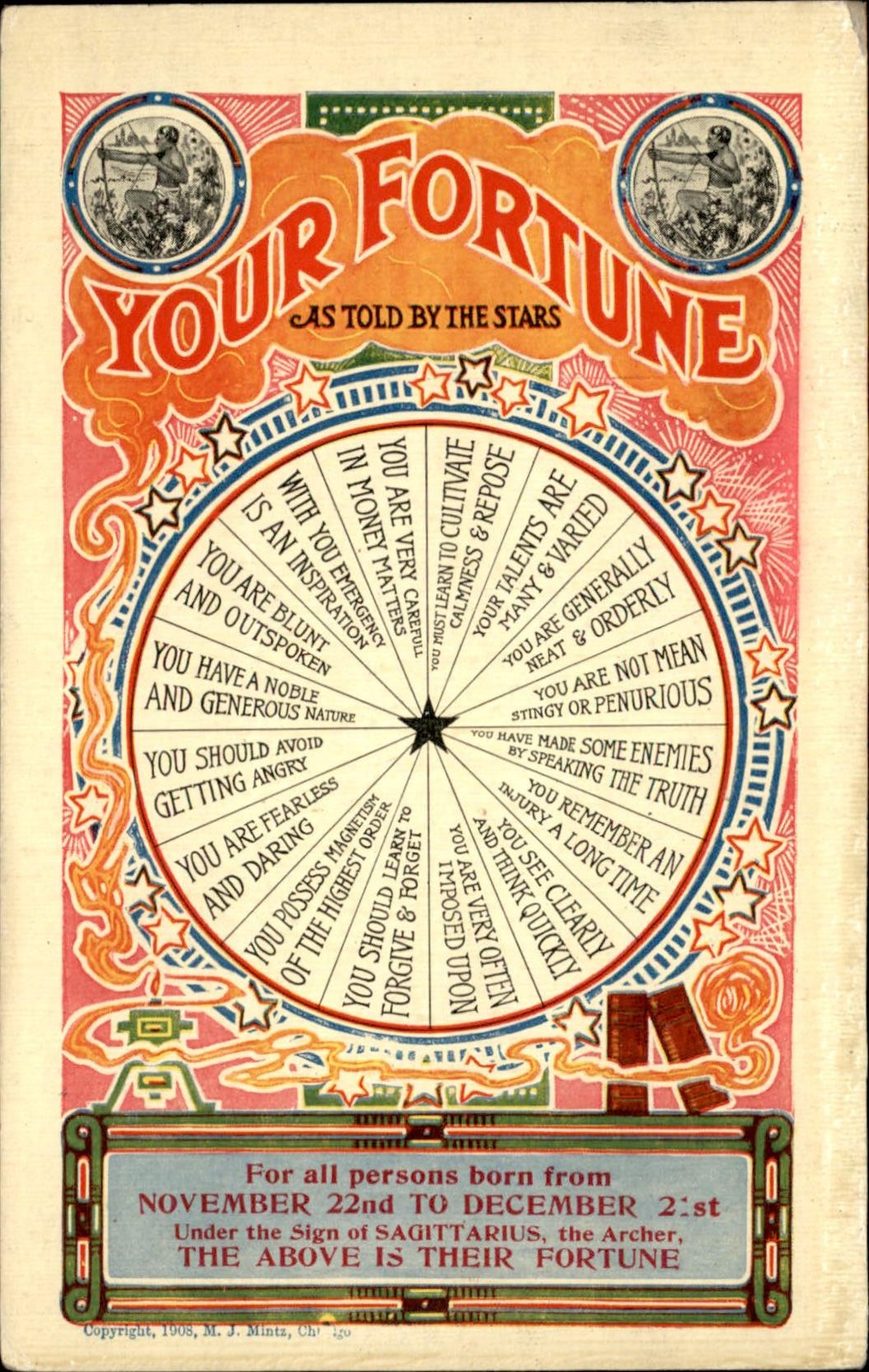 Sagittarius fortune wheel Illustrated M. J. Mintz c1908 Vintage Postcard Sagittarius fortune wheel Illustrated M. J. Mintz c1908 Vintage Postcard
